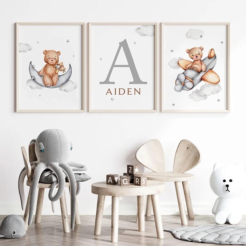 Custom Kids Name Canvas Paintings Cute Teddy Bear and Rabbit Nursery Wall Art Posters Prints Mural Pictures Baby and Kids Room