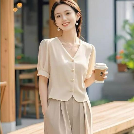 Apricot Top & Wide-Leg Pants Two-Piece Set: Professional, Timeless Summer Outfit for Women