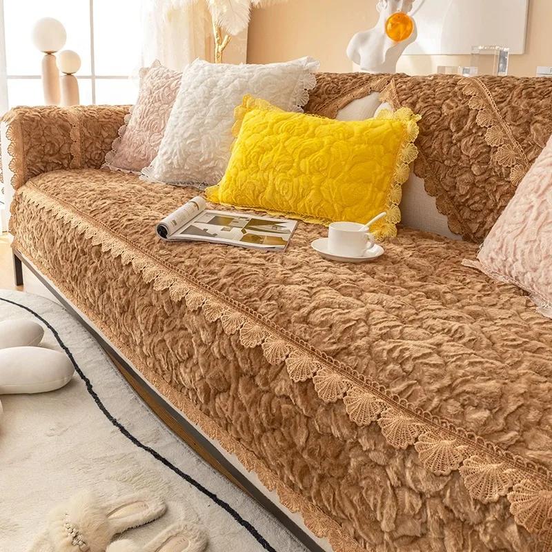 Modern Plush Sofa Cushions Winter Lace Flannel Sofa Cover Four Seasons Solid Color Non-slip Sofa Cover For1/2/3 Seat Sofas Decor