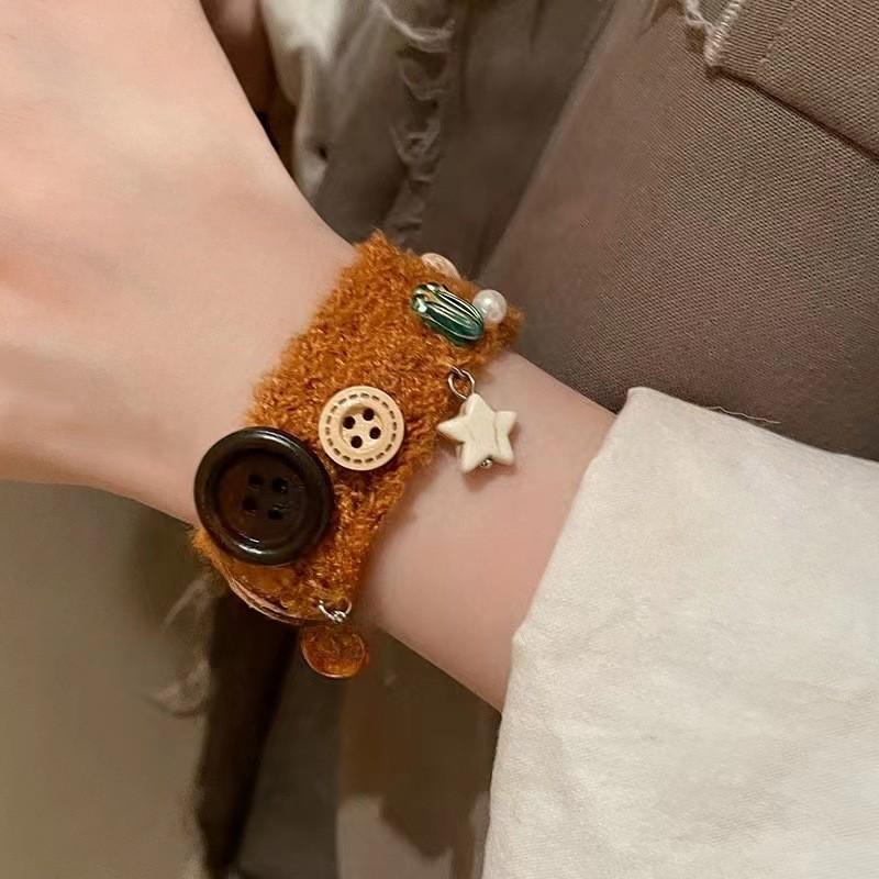 Bear Snuggly Bracelet For Women Elegant Plush Yarn And Wood Handmade Gift Christmas