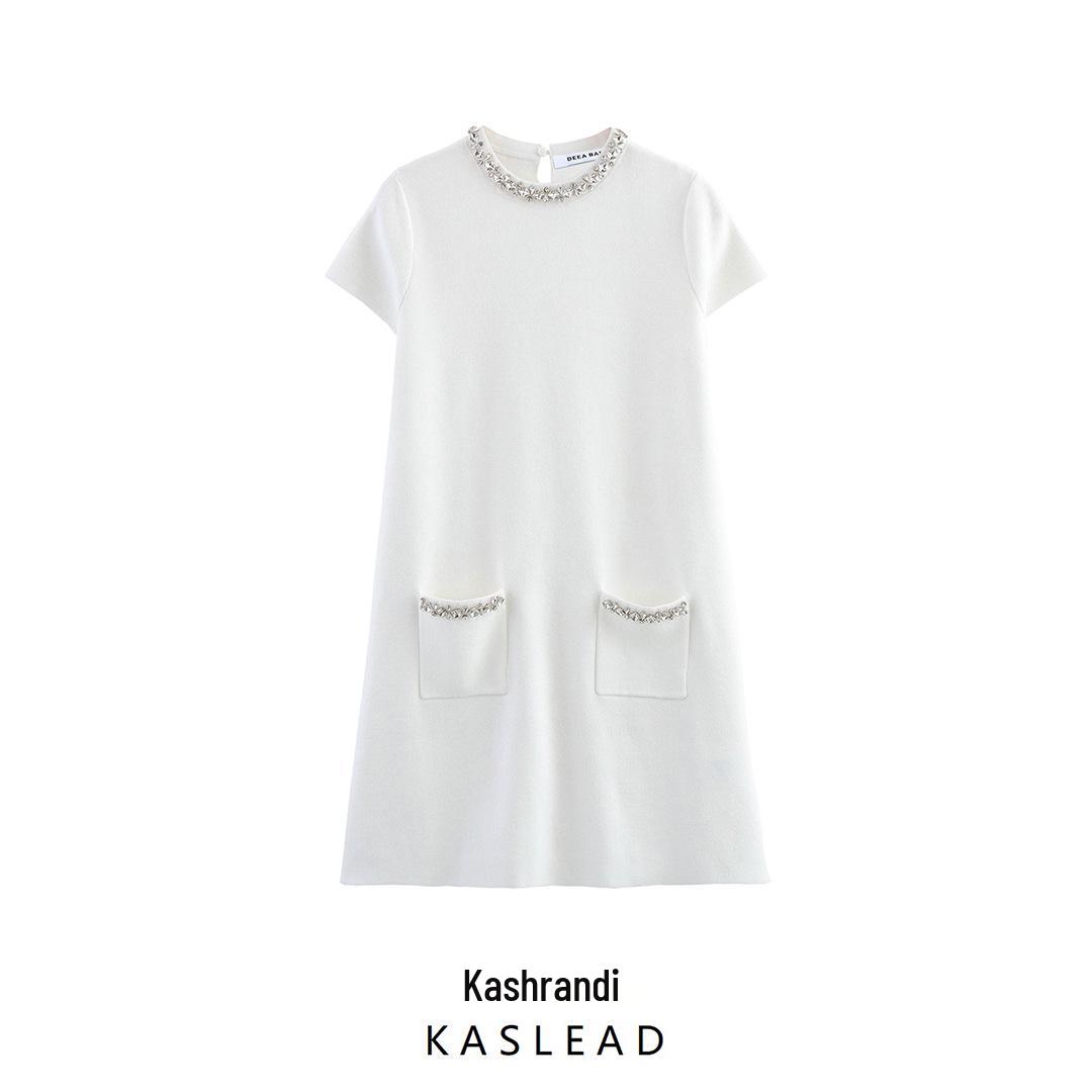 

Spring 2025 Women s Fashion: Embellished Short Sleeve Round Neck Dress in European & American Style Large