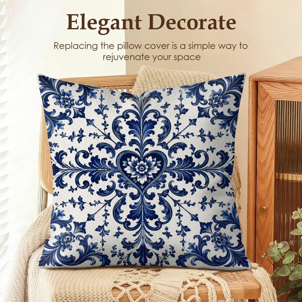 Blue Porcelain Motifs Cushion Cover Natural Linen Organic Fabric DoubleSided Printing Sofa Home Decor Gift Pillow Cover