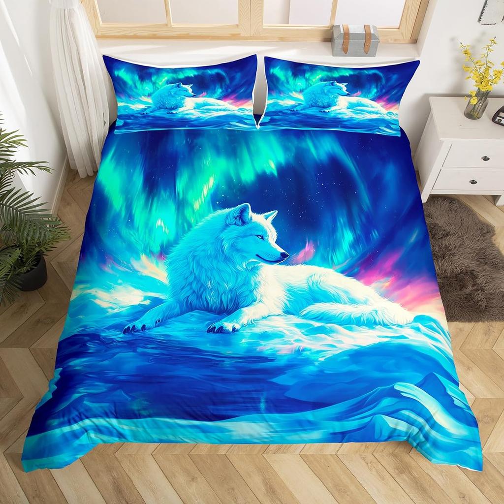 Cute Animal Duvet Cover Set Twin Queen Rabbit Fox Rustic Bedding Set, Starry Sky Galaxy Northern Lights Dreamy Comforter Cover