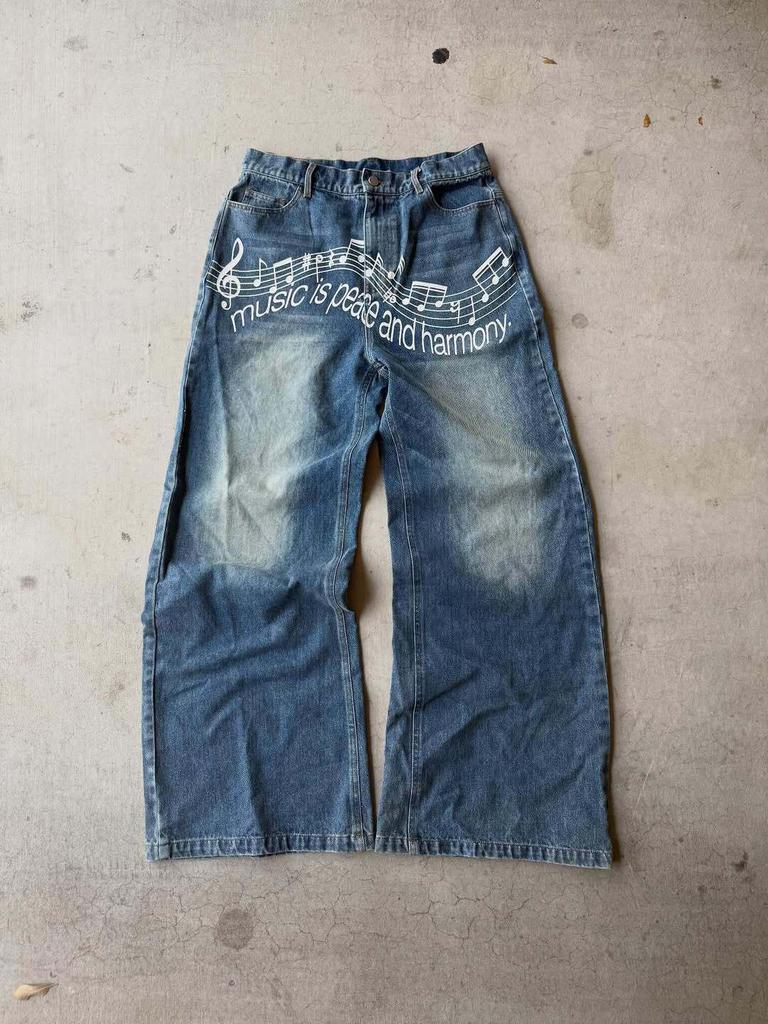 Pantalones vaqueros anchos para hombre con estampado de letras retro americano y lavado