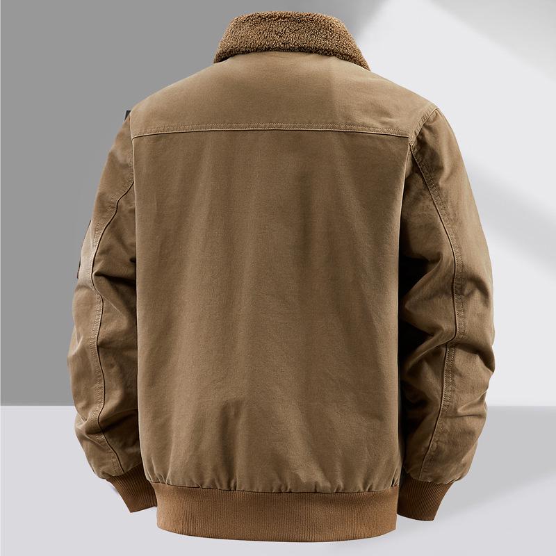 Chaqueta de piloto de la Fuerza Aérea de Alta Gama para Hombre: Terciopelo Forrado de Invierno, Algodón Puro, Corte Holgado, Ropa de Abrigo con Solapa para Personas de Mediana Edad.