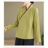 Damen Beige Wickelbluse Lässig V-Ausschnitt Leinenmischung Chinesischer Stil Krawatte Vorne Oberteil
