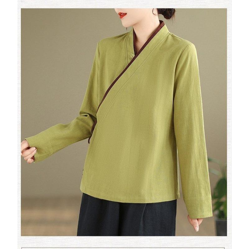 Damen Beige Wickelbluse Lässig V-Ausschnitt Leinenmischung Chinesischer Stil Krawatte Vorne Oberteil
