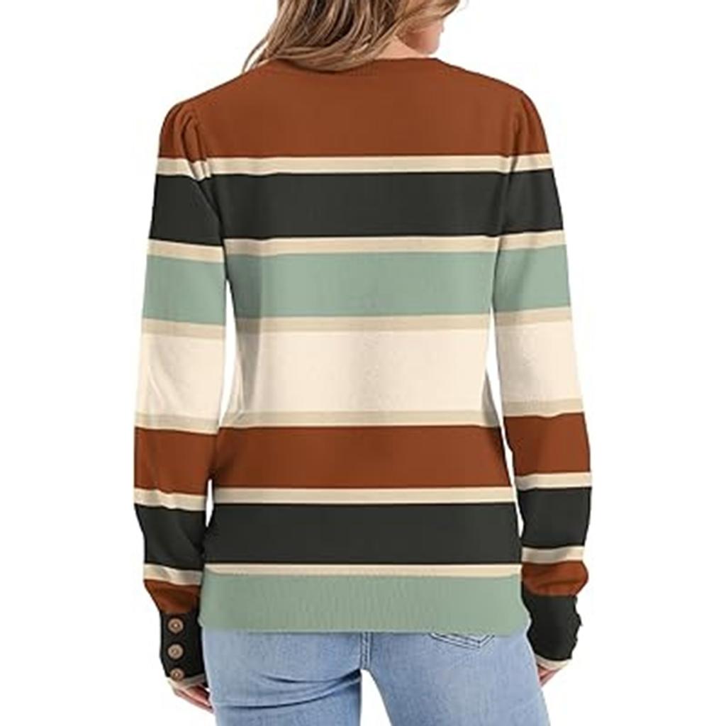 Women's Color Blocked Button Round Neck Long Sleeved Loose Fitting Pullover Top