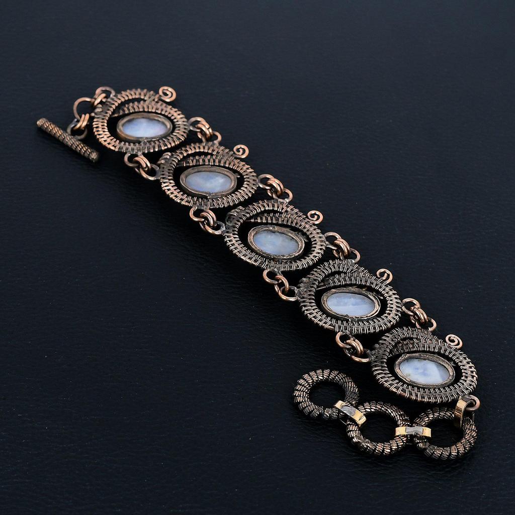 Rainbow Moonstone Bracelet Gemstone Jewelry, 999 Copper Wire Wrapped Bracelet, Adjustable Handmade Beautiful Jewelry Chain Bracelet