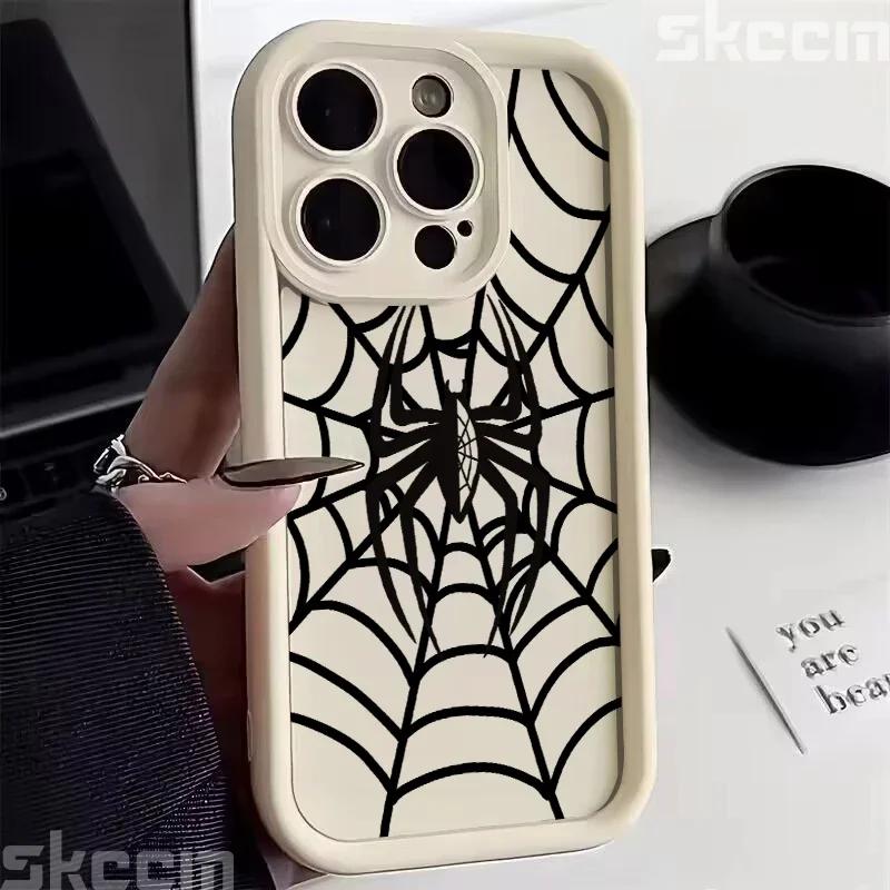 Black Spider Web Soft TPU Phone Case For iPhone 16 15 14 Pro Max 13 12 11 XR X XS 7 8 16 Plus Matte Shockproof Cover