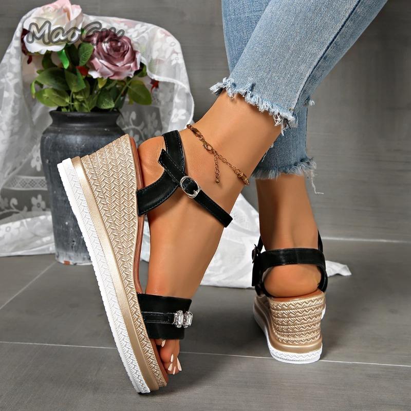 Fashion Shiny Crystal Chain Wedges Sandals for Women Fashion Ankle Buckle Chunky Platform Shoes Summer Thick Sole Non Slip Shoes Size35