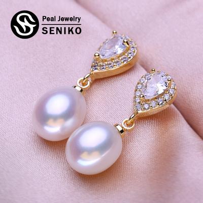 8-9mm Natürliche Süßwasser Perle Ohrringe Geometrie Design Mode Lange Ohrringe Für Frauen Zirkonia Tropfen Ohrringe Mädchen geschenk