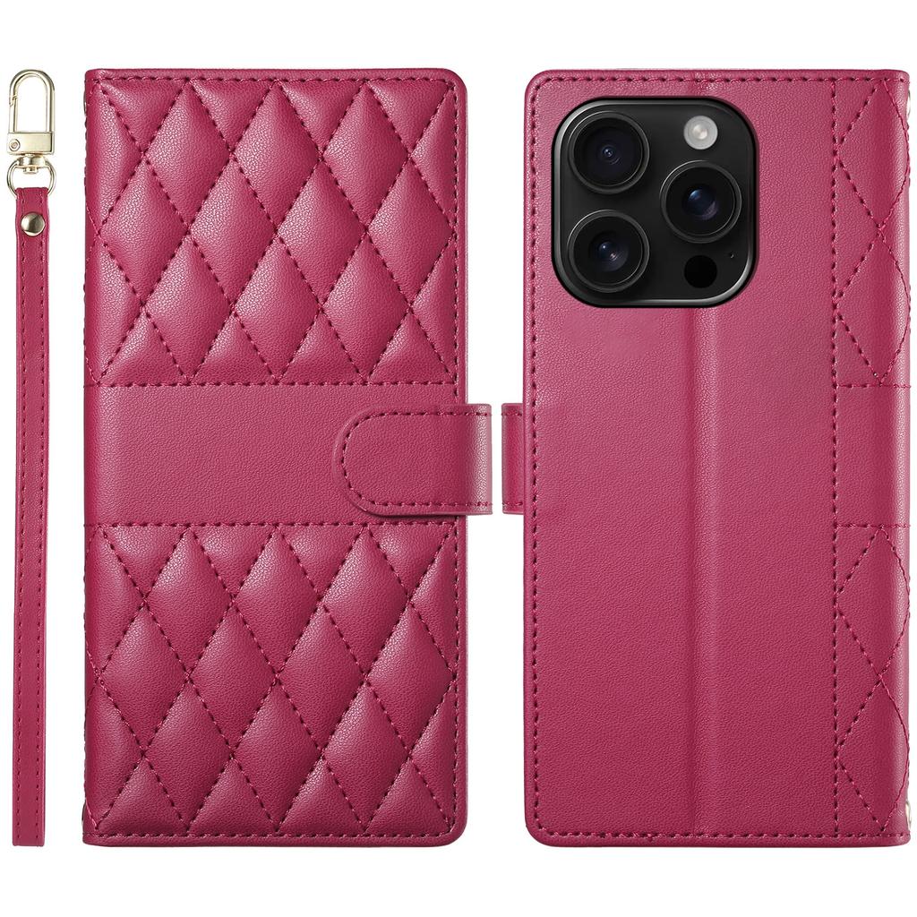 For iPhone 16 Pro Max Case Rhombus Stitching Wallet Stand Leather Phone Cover with Long/Short Strap
