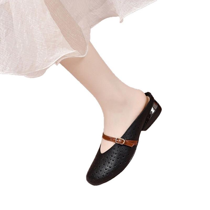 Perforated hollow middle heel comfortable thick heel sandals women's summer color matching hollow sandals round head fashion shoes