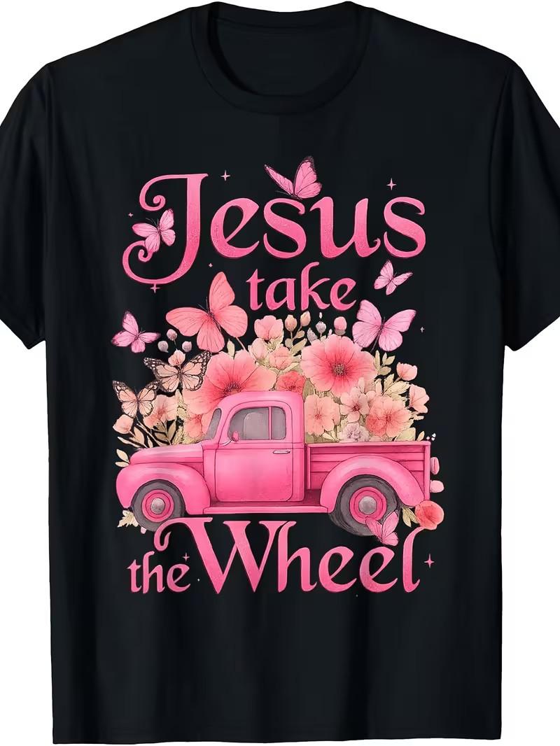 Vintage Take The Wheel Pink Floral Truck Butterfly T-Shirt M