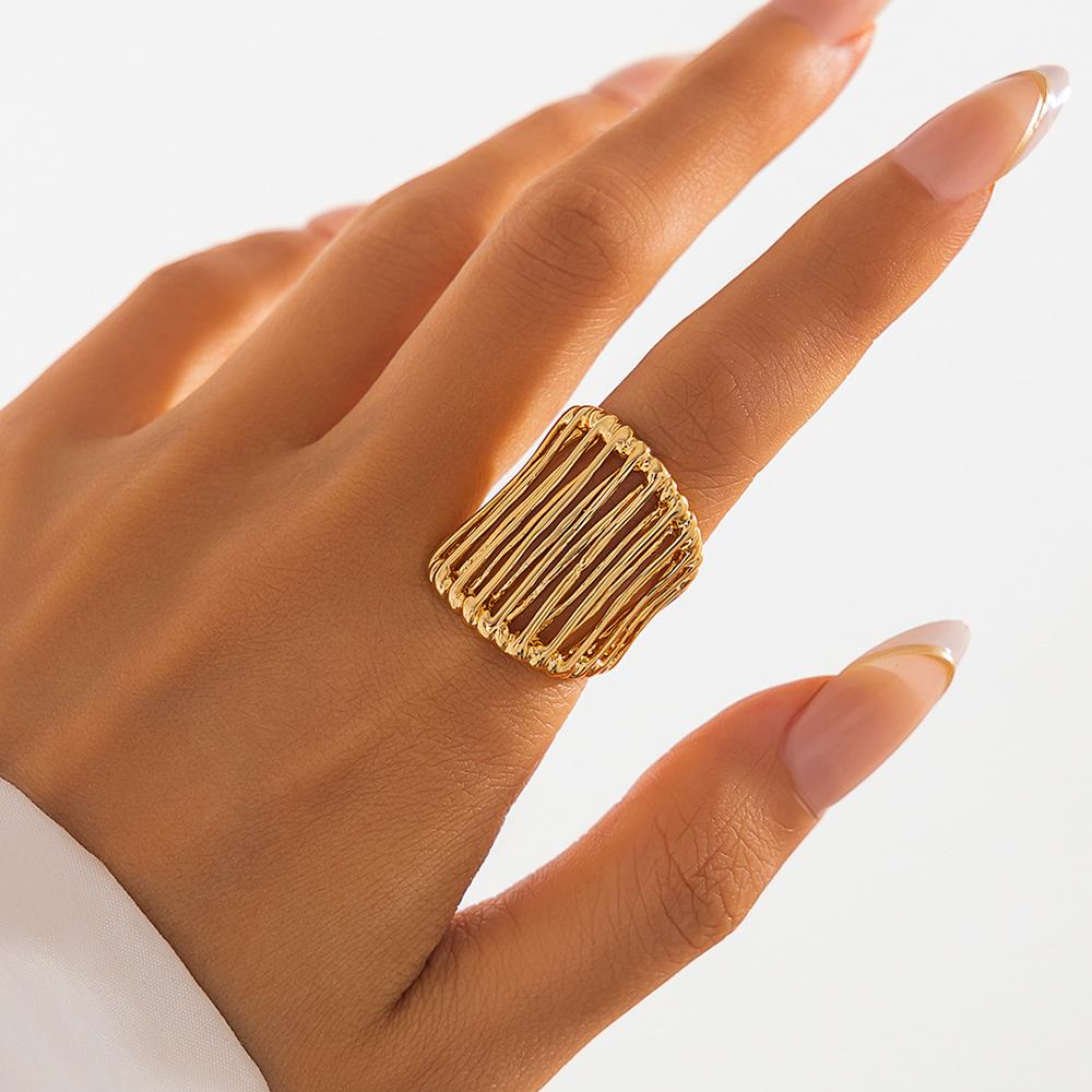 Stainless Steel Wide Ring Exaggerated Heavy Lines Personalized Hollow Hip-Hop Opening Adjustable Waterproof Ring Women's Jewelry