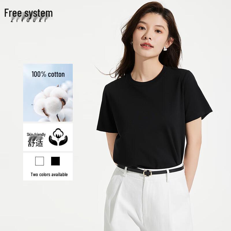 Women s 2026 Summer Pure Cotton Round Neck T-shirt 3XL чёрный