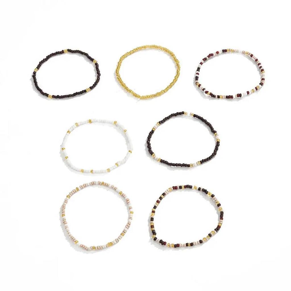 SHIXIN Conjunto de 7 Peças Pulseiras de Contas de Arroz Boho Masculinas Peça Redonda Vintage Pingente Corrente de Contas Elástica Pulseiras de Pulso Joias Femininas