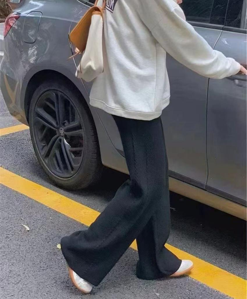 Loose High-waisted Knit Grooved Wide-leg Pants for Women, Slimming Autumn and Winter Outerwear, Draped Floor-length Straight-leg Casual Pants Trendy