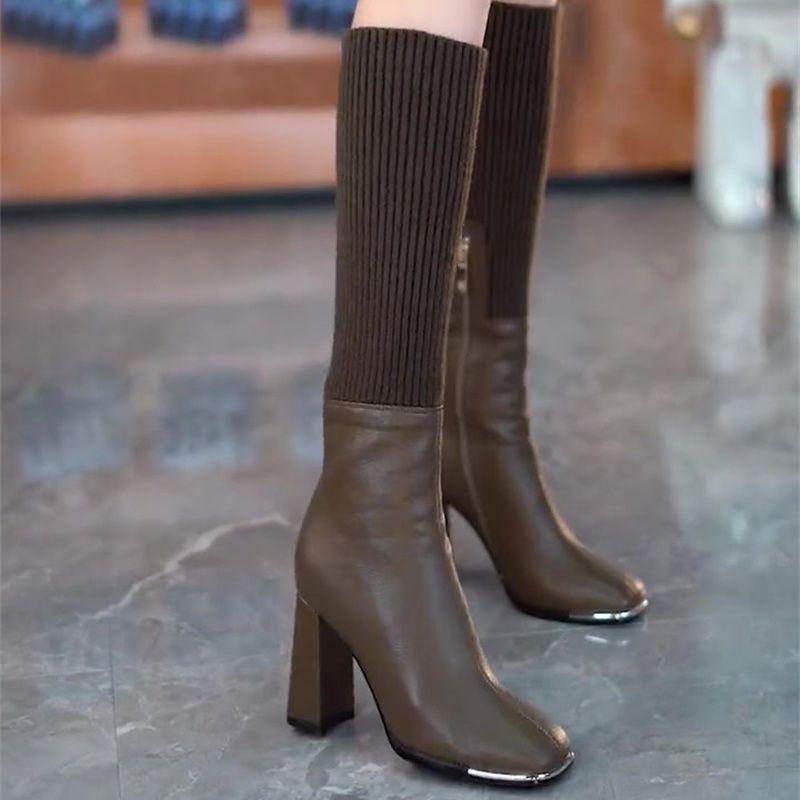 Fashion Autumn Winter Elegant Heeled Square Toe Ladies Sock Knee High Shaft Shoes Designer Luxury Chic Comfortable Women's Long Boots