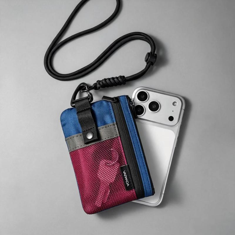 Small Minimalist Wallet For Women Men Rfid Blocking, Zipper Coin Pouch With Id Window And Keychain Travel Lanyard Wallet