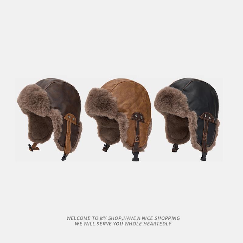 PU Pilot Bomber Hat Men Autumn Winter Warm Plush Thick Cycling Windproof Ear Protection Cap