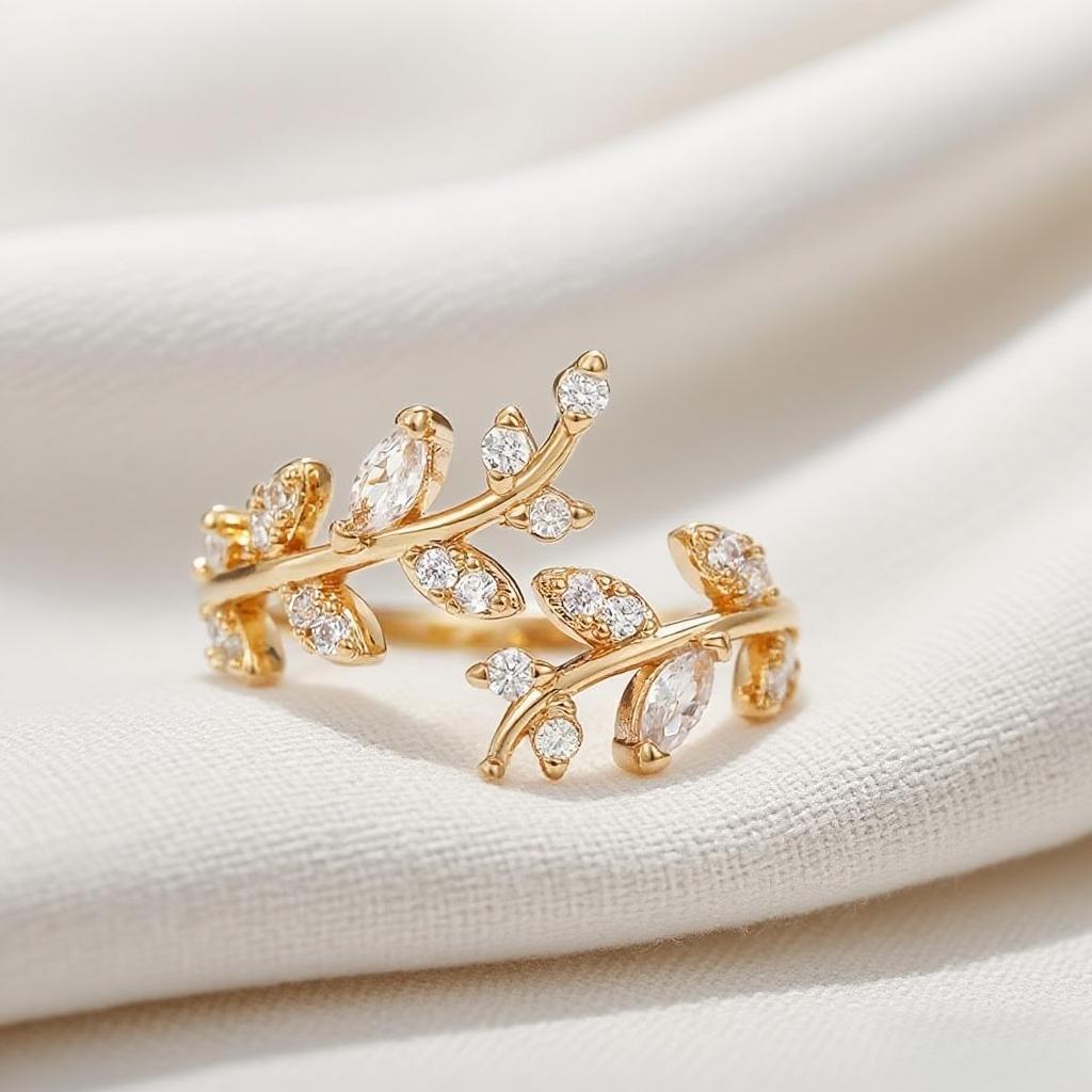 Elegant Women's Personalized Ring, Exquisite Leaf Appearance Design, Inlaid with Shiny Synthetic Zircon
