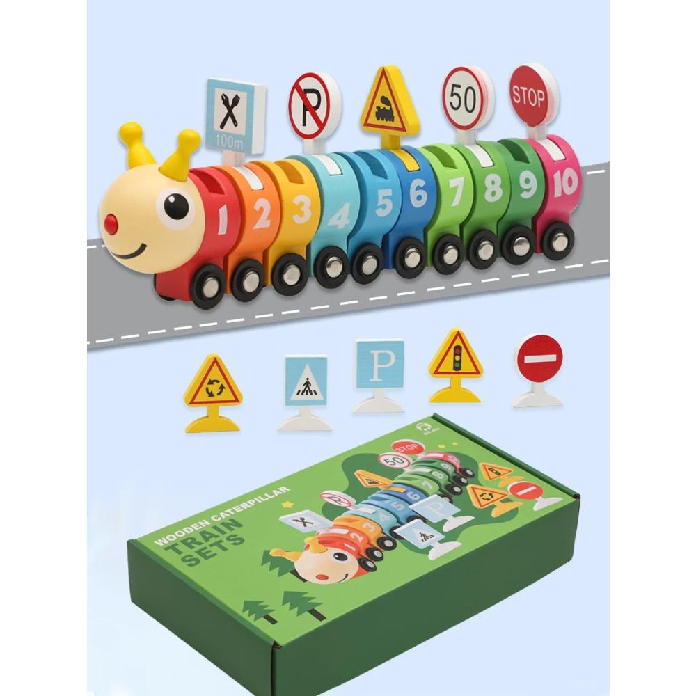 Colorful Wooden Caterpillar Train Set With Number Signs Color Number Cognition Traffic Educational Toys As Gift