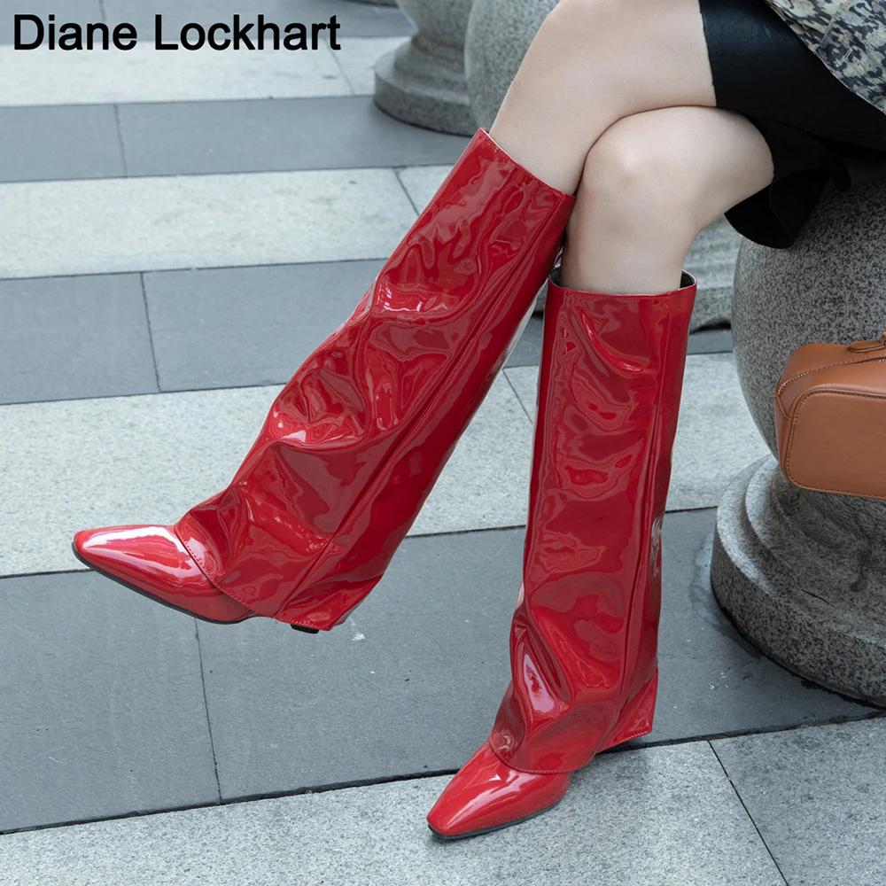 Fashion Pointed Toe High Heels Women Knee High Boots Brand Designer Soft Patent Leather Side Zip Wedges Winter Fashion 2025