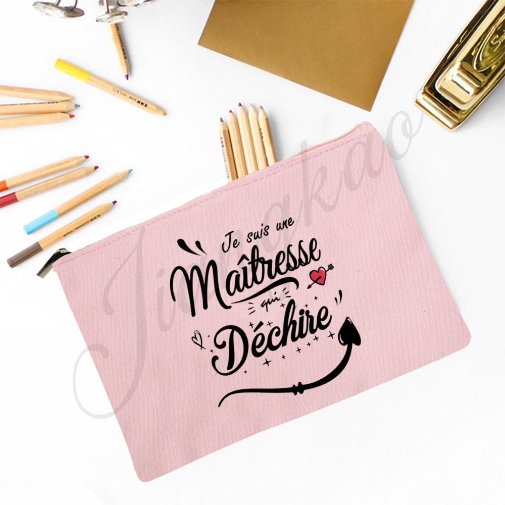 Merci Maitresse French Print Makeup Bag Travel Neceser Toiletry Storage Pouch School Pencil Bags Best Graduate Gift for Teacher