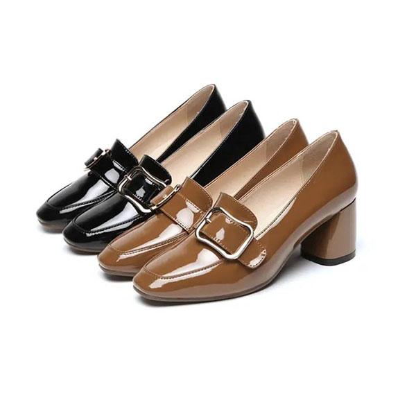 Women's Spring and Autumn Middle Heel Shoes Large Size Square Head Thick Heel Versatile Leather High-heeled Shoes