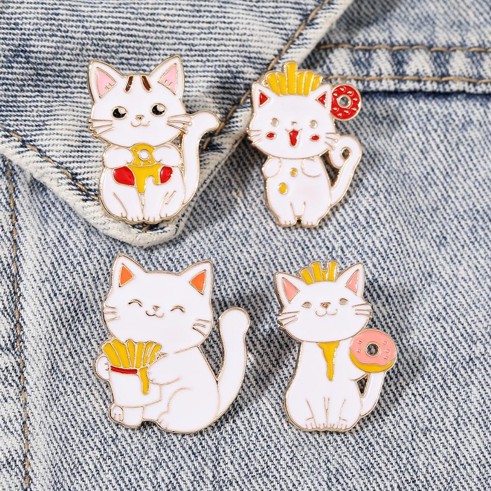 Happy Food Cats Enamel Brooches Cute French Fries Doughnut Pattern Kitten Pins For Pet Lovers Gift