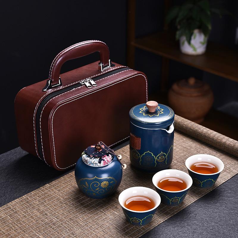 Ceramic Portable Travel Tea Set, Retro Single Set, Outdoor Express Cup, One Pot, Three Cups Of Kung Fu Brewing Teapot