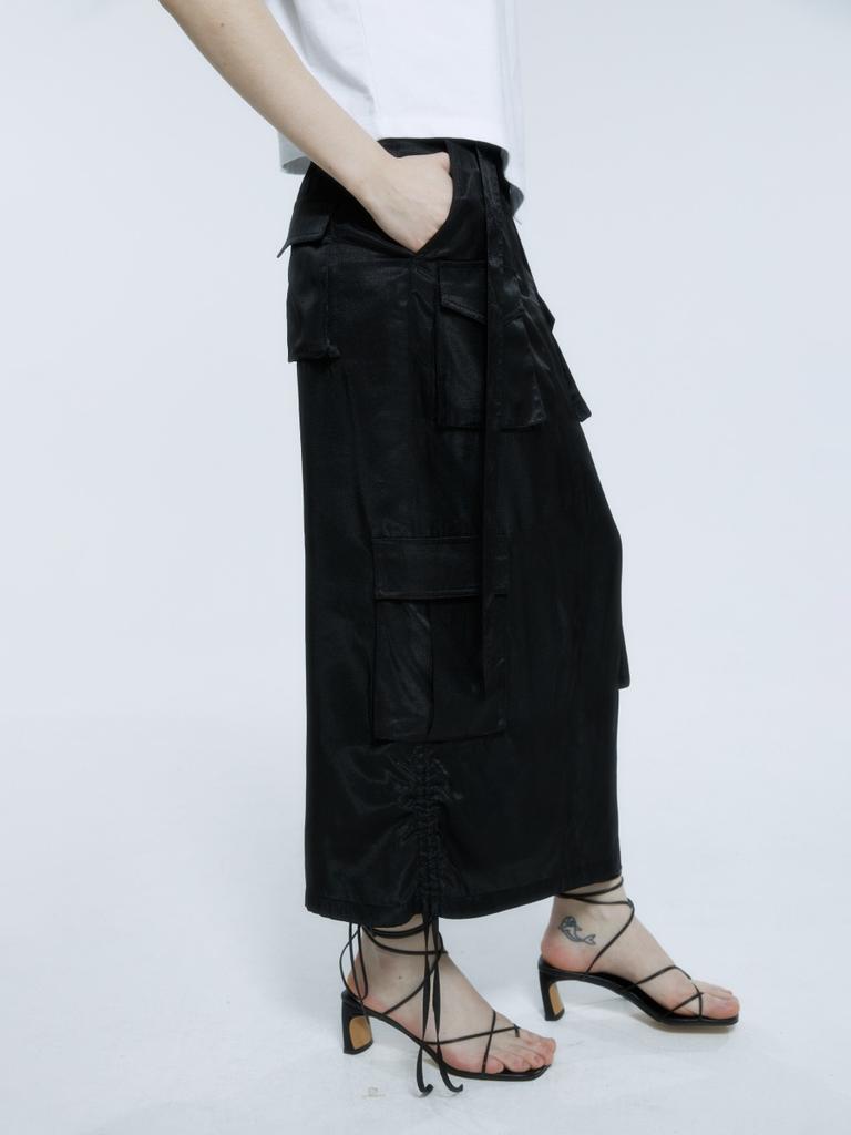 Muse Lily Side String Belted Satin Cargo Long Skirt_Black