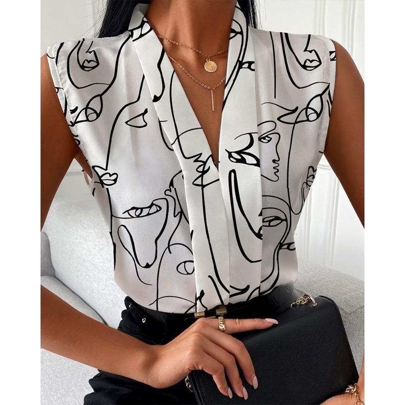 JKASHDK Women's Fashion Casual Summer Spring Colour Block Print Sleeveless V-Neck Blouses & Shirts