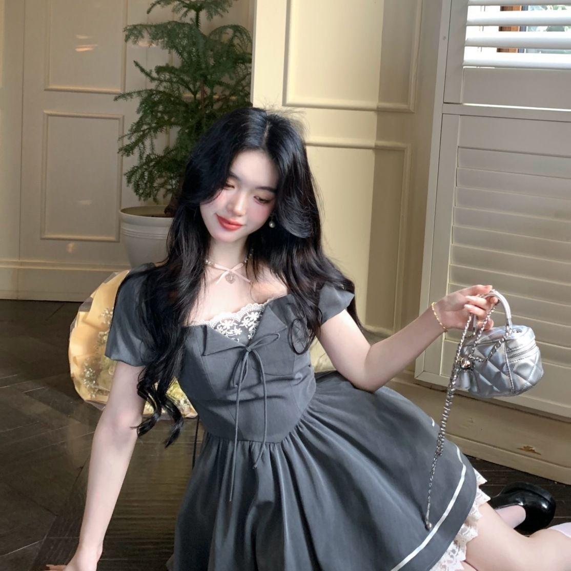 Petite Vintage Academic Style Square Neck Lace Trim Dress Small серого платья