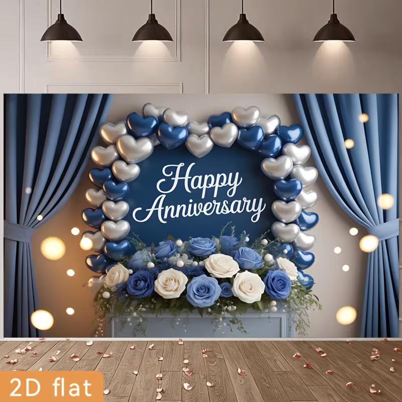 2D Wedding Anniversary Photography Background, Elegant Blue & White Flower Decor