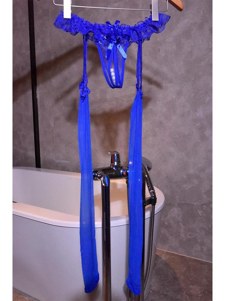 Sexy schwarze Spitzen-Strumpfhalter-Strümpfe ohne Schritt mit Perlen - Ultradünne, Overknee-Verführung