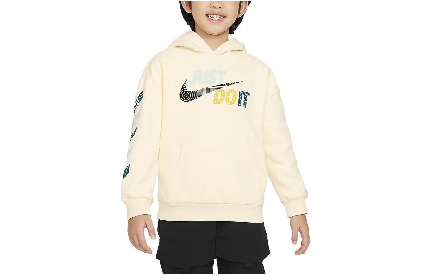 Nike Sweatshirt Letter Logo Hooded Loose Fit Casual Fleece Lined Coconut Milk Kids FV2788-113 S