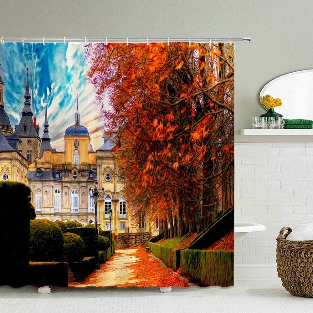 Town Street Scenery Shower Curtains Home Decor Polyester Fabric Bathroom Shower Curtains Oil Painting Waterproof Bath Curtains