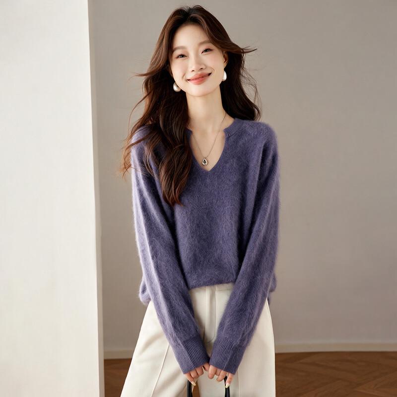 Damen Oversize V-Ausschnitt Kaschmir-Mischung Strickpullover