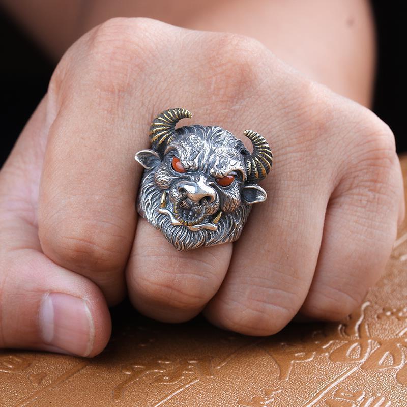 Bull Head Ring Men's Domineering Retro Zodiac Cow Ring Open Mouth Ring Gift