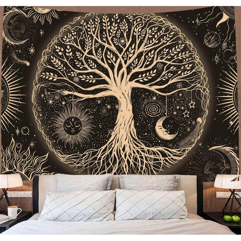 VIKAMA Sun Moon And Stars Tree Of Life Tapestry Ambient GalaxyStyle Wall Decoration Living Room And Bedroom Decorative Hanging