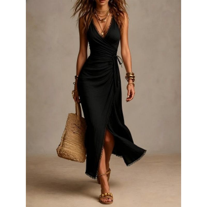 European and American women's clothing, deep V neck cross-cut bohemian holiday style long dress