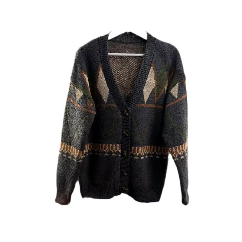 Cardigan Sweater Jacket Men's 2025 Autumn and Winter New Retro Contrasting Color V-neck Knitted Sweater Men's Loose Lazy Style Top