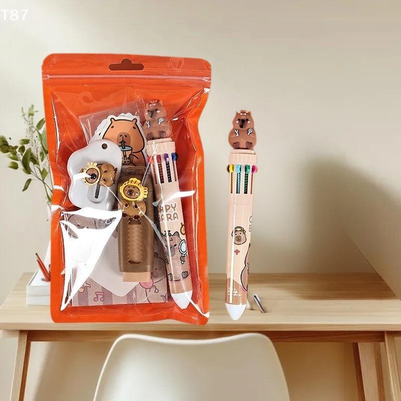 1Set Cute Cartoon School Supplies Creative Gift Cartoon Capybara Pattern Stationery Set Student Learning Stationery Set