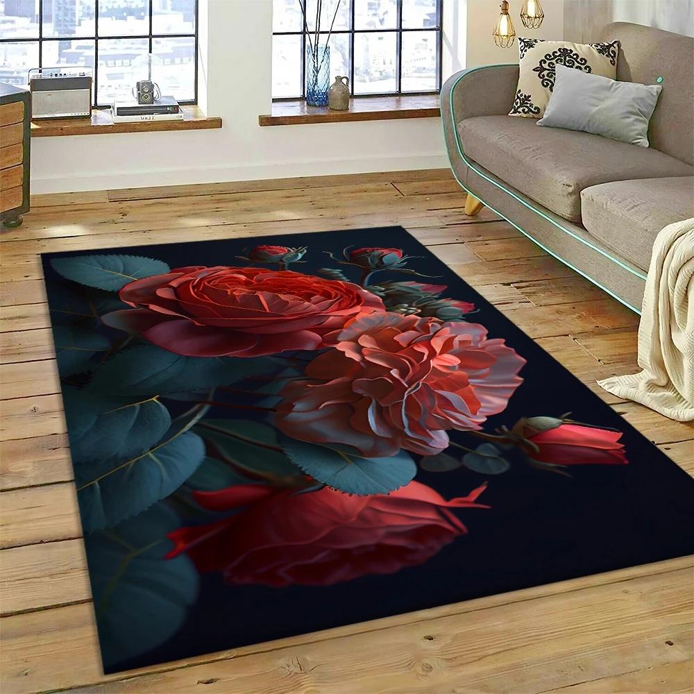 Romantic Red Rose Floral Area Rug with Dark Background for Living Room Bedroom Decor Non Slip Carpet Elegant Style Perfect Gift
