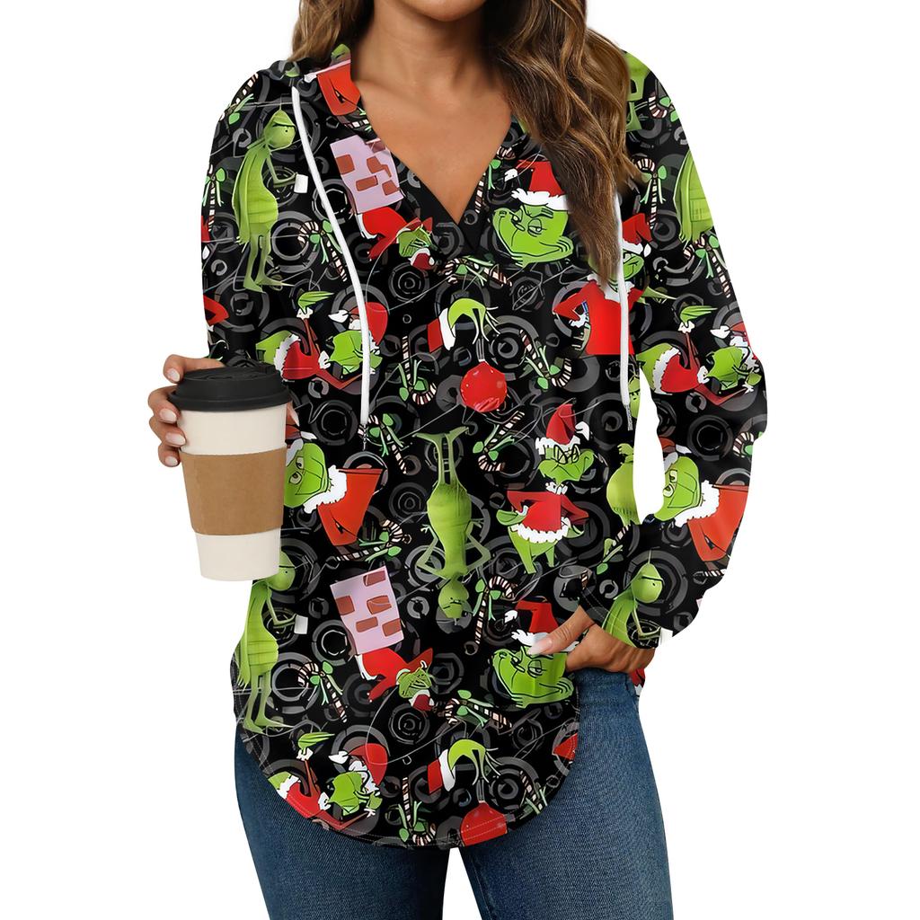Women's Fashion Hoodies V Neck Long Sleeve Christmas Printed Drawstring Casual Loose Pullover Tops