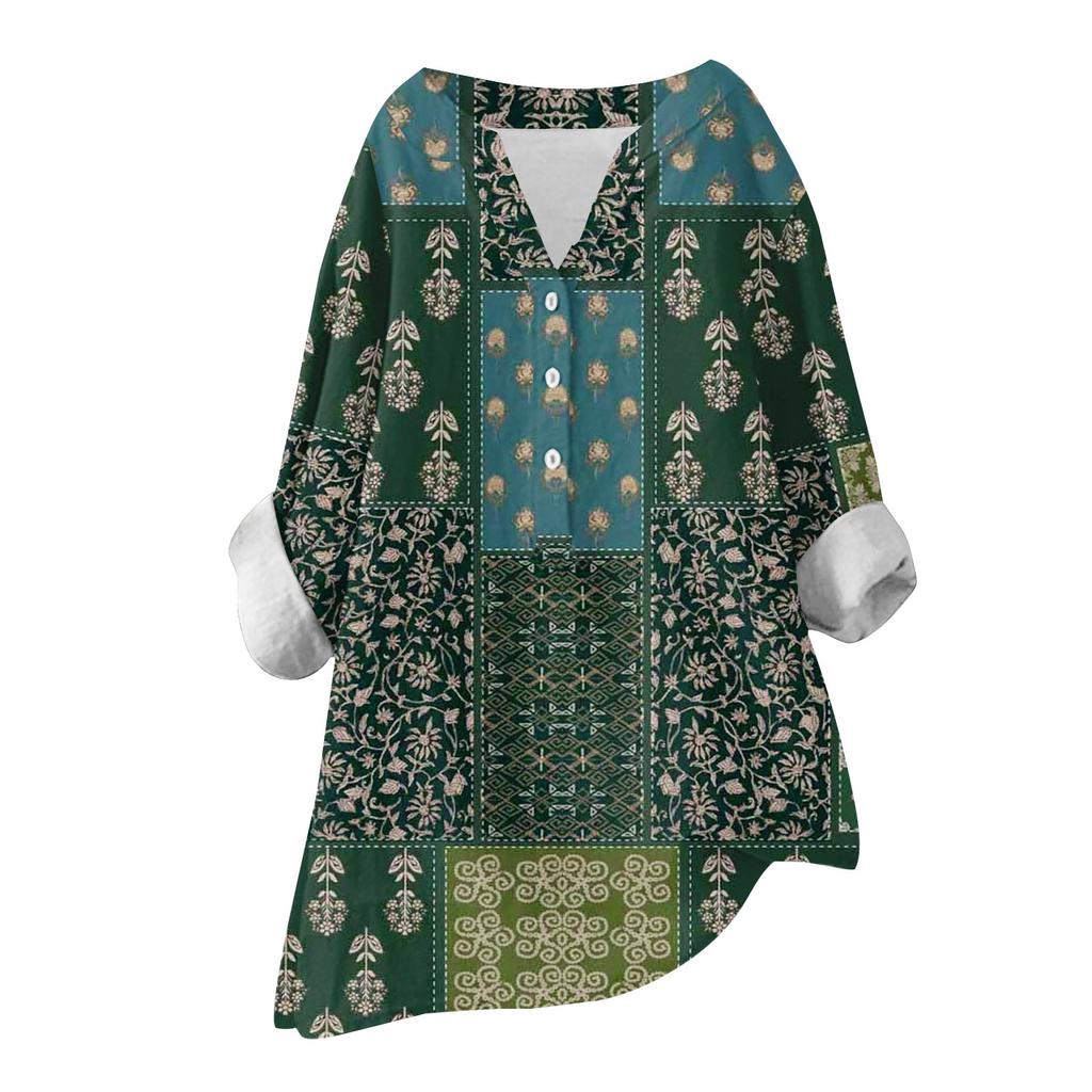Damen Locker Geschnittenes Baumwoll- und Leinenoberteil mit Blumenmuster, Stehkragen und langen Ärmeln