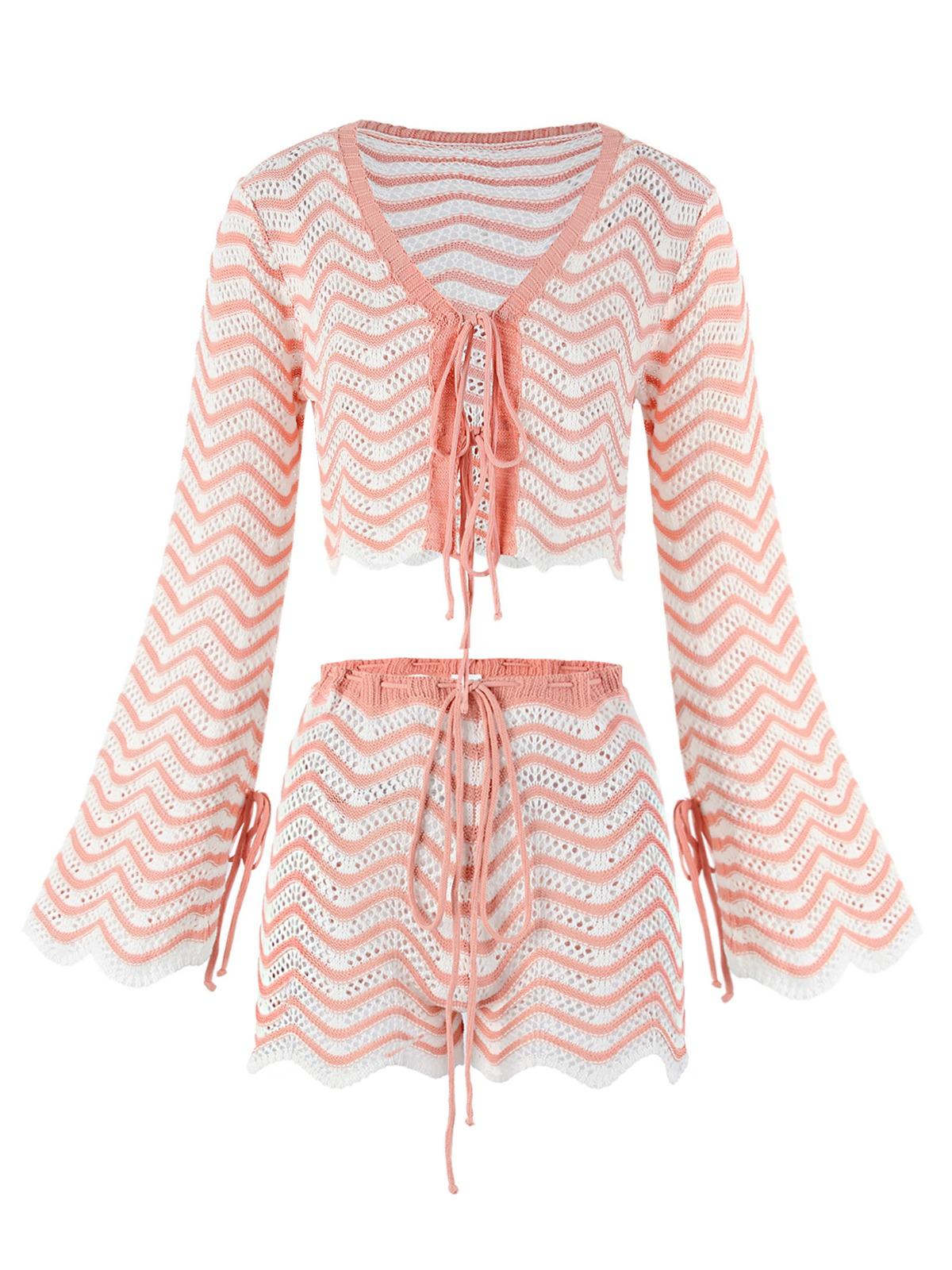 

Fashion knitted V-neck summer 2025 new short top drawstring shorts two-piece set hollow sun protection swimsuit cover-up K195 L